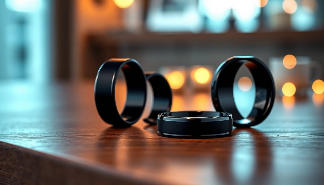 Showcasing Black Wedding Rings for Men with modern designs and elegant finishes on a wooden surface.