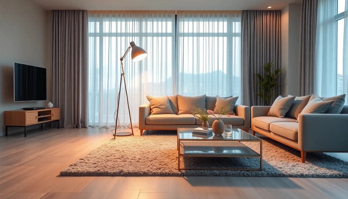 Sleek illumination shining from a modern metallic floor lamp in a stylish living room setting.