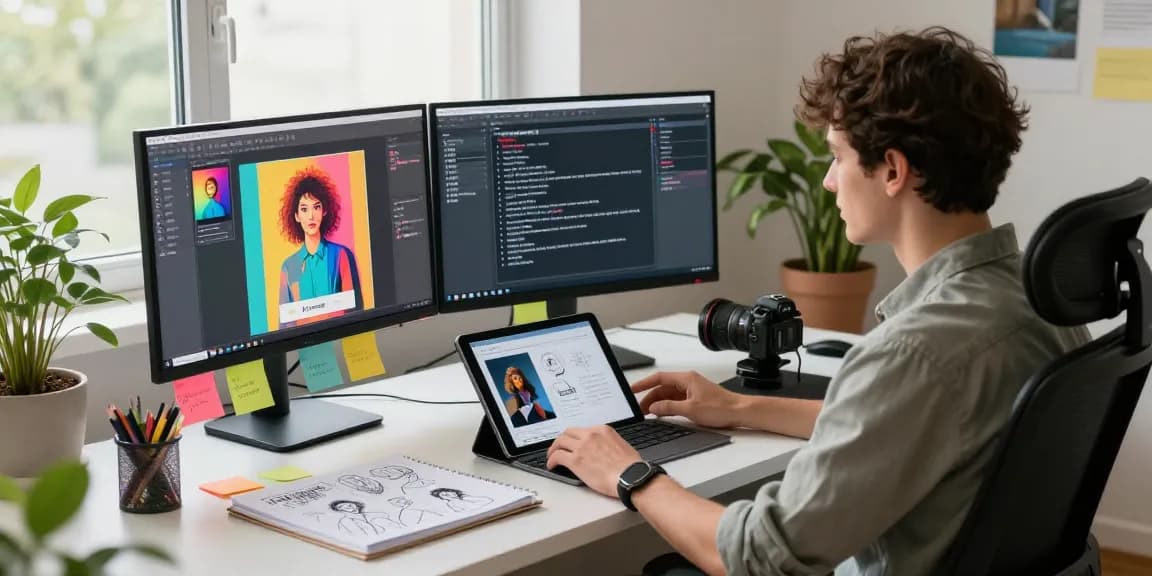 Designer using an ai prompt image generator in a modern workspace, showcasing vibrant AI-generated graphics.
