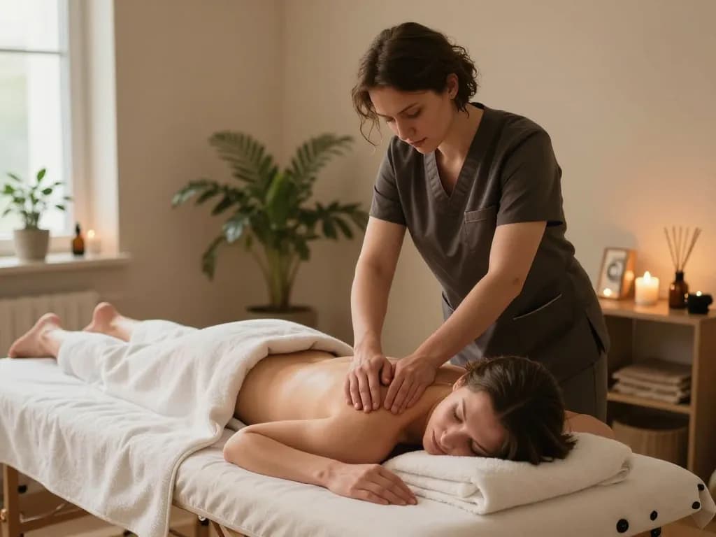 전문 러시아 마사지 치료사가 https://www.russiamobilemassage.com에서 개인 맞춤 서비스를 제공하며 차분한 분위기를 조성하는 편안한 홈 마사지 장면