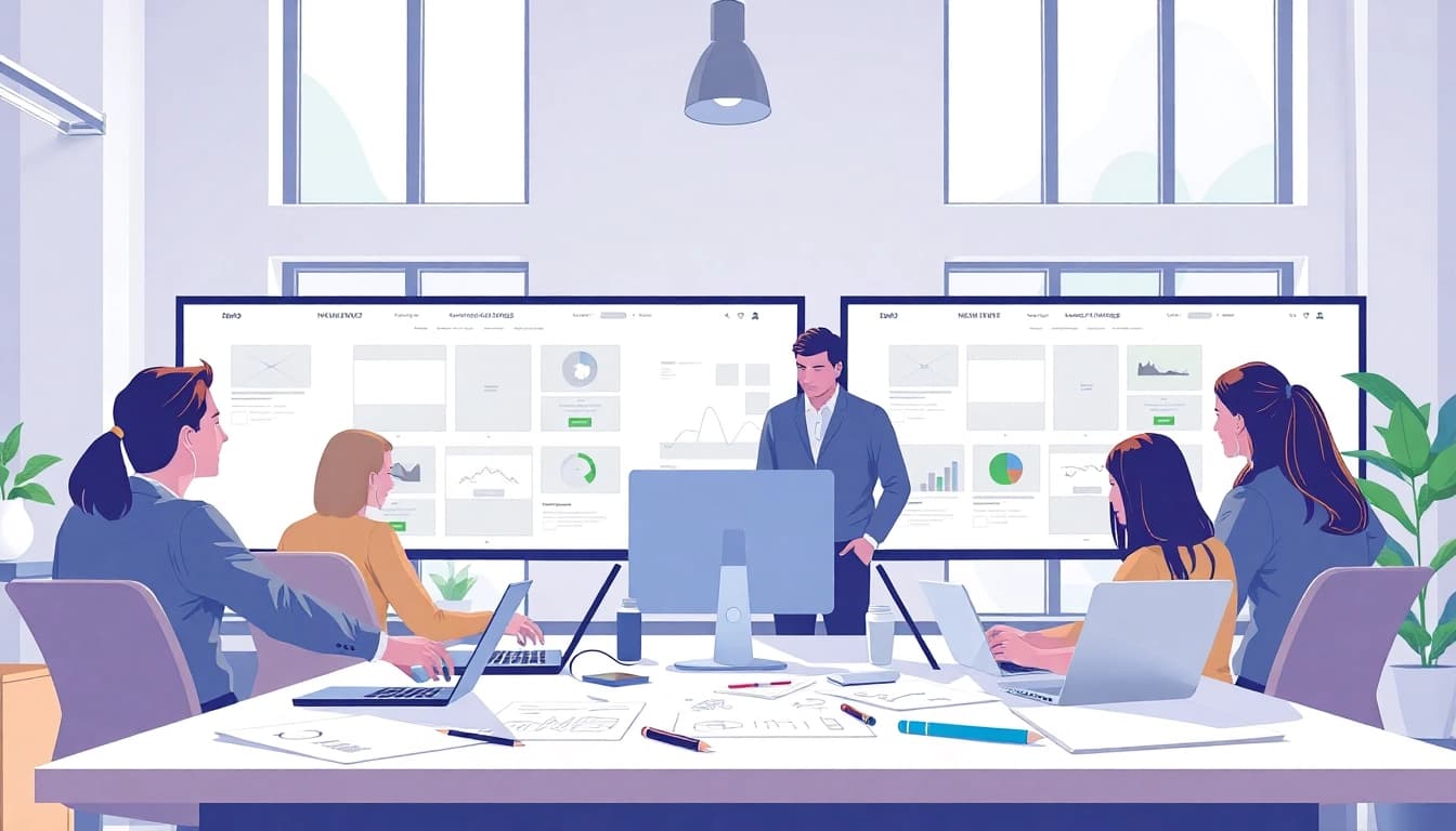 Creative team of Website Designers Hereford collaborating in a modern workspace.