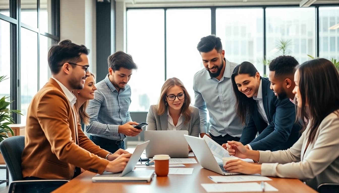 Find 1099 sales reps collaborating in a dynamic office setting with vibrant energy.
