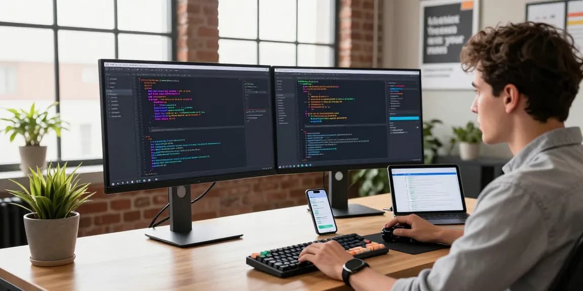 Professional workspace with a developer using a free ai image detector on dual monitors in a modern office setting.