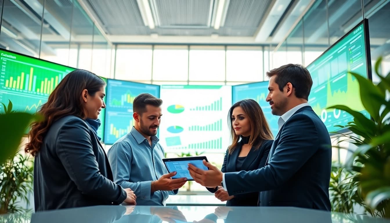 Engage with competitive intelligence faqs through a diverse team analyzing data in a modern office.