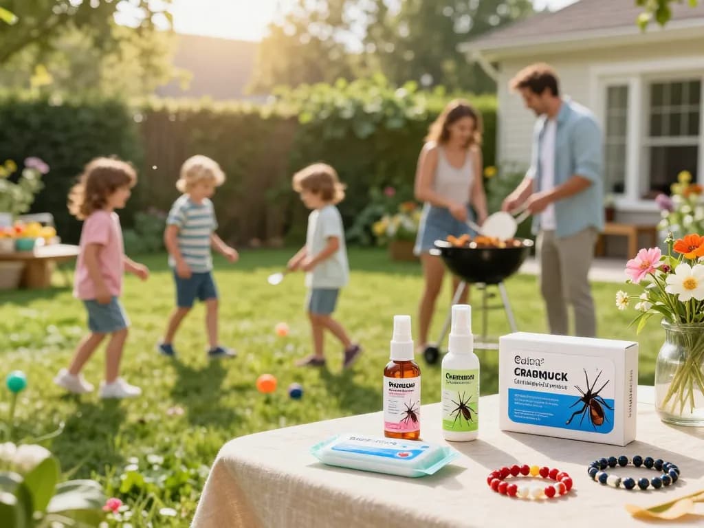 Family enjoying outdoor time with mosquito repellent products on table.