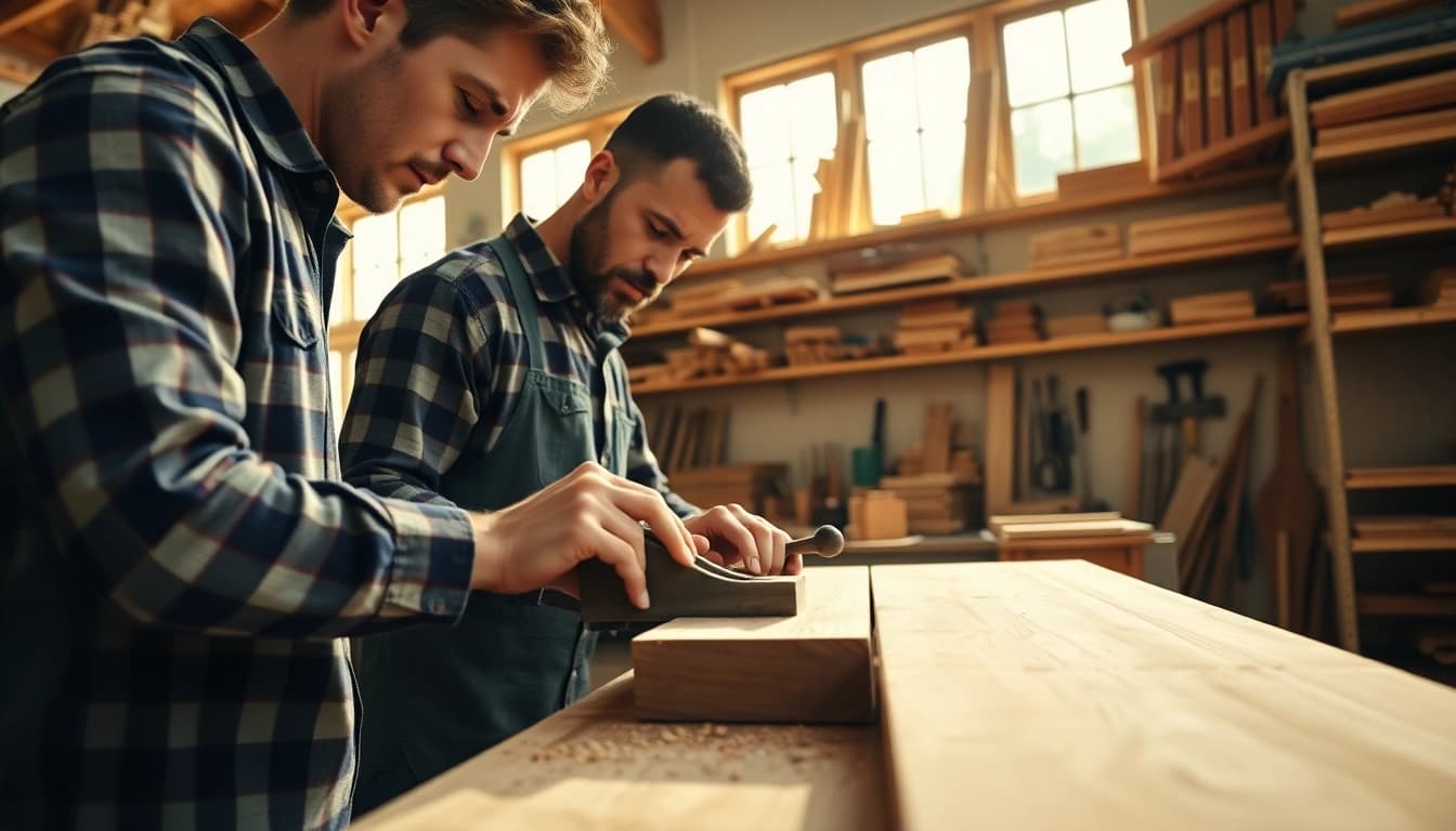 Engaged carpenter demonstrating skills in a carpentry apprenticeship workshop.