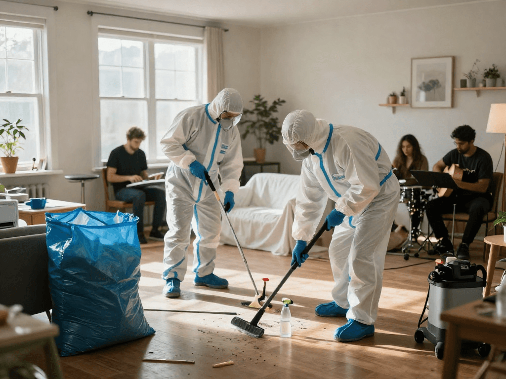 Tatortreinigung in Dortmund bei der professionellen Reinigung eines Wohnraums mit geschulten Technikern und Desinfektionsmitteln.