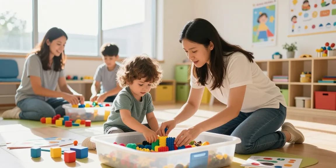 Occupational therapy helping children through engaging sensory play activities in a pediatric clinic setting.