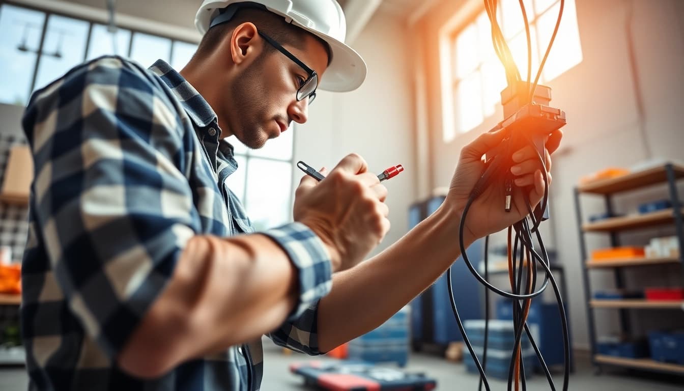 Learn electrician apprenticeship hawaii with a skilled electrician actively working in a workshop.