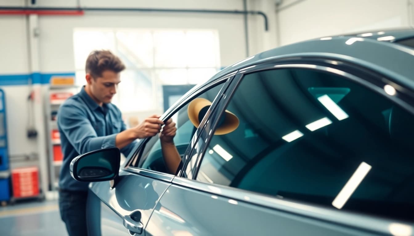 Enhance your vehicle's look with auto window tint near me, featuring expert technicians at work.