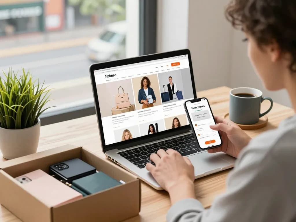 Customer browsing stylish products on shs-dome5.com in a modern workspace.