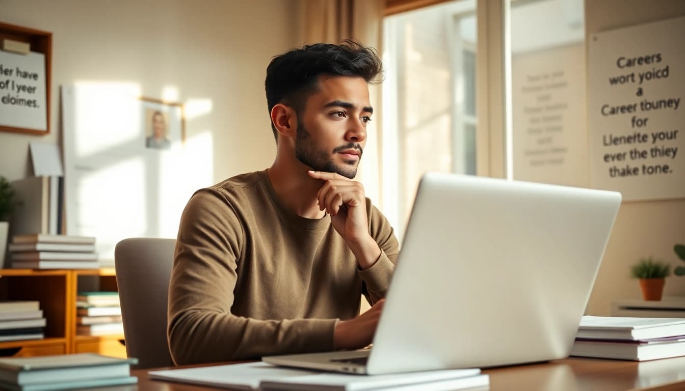 Find my true calling with a person reflecting on career choices in a warm home office.