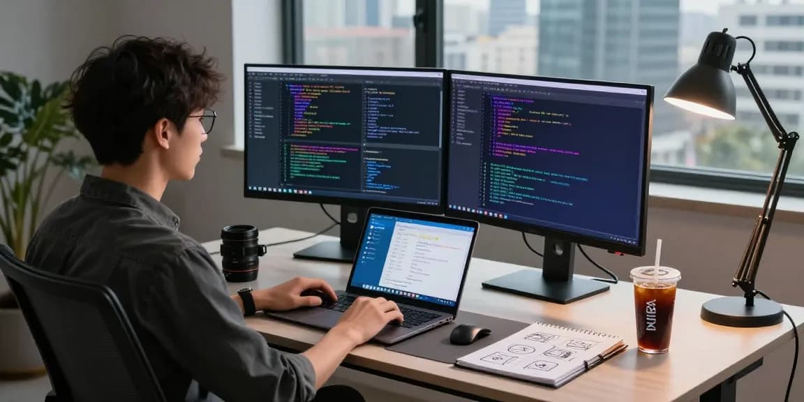 Developer working on 纸飞机中文版 interface with coding setup in modern workspace