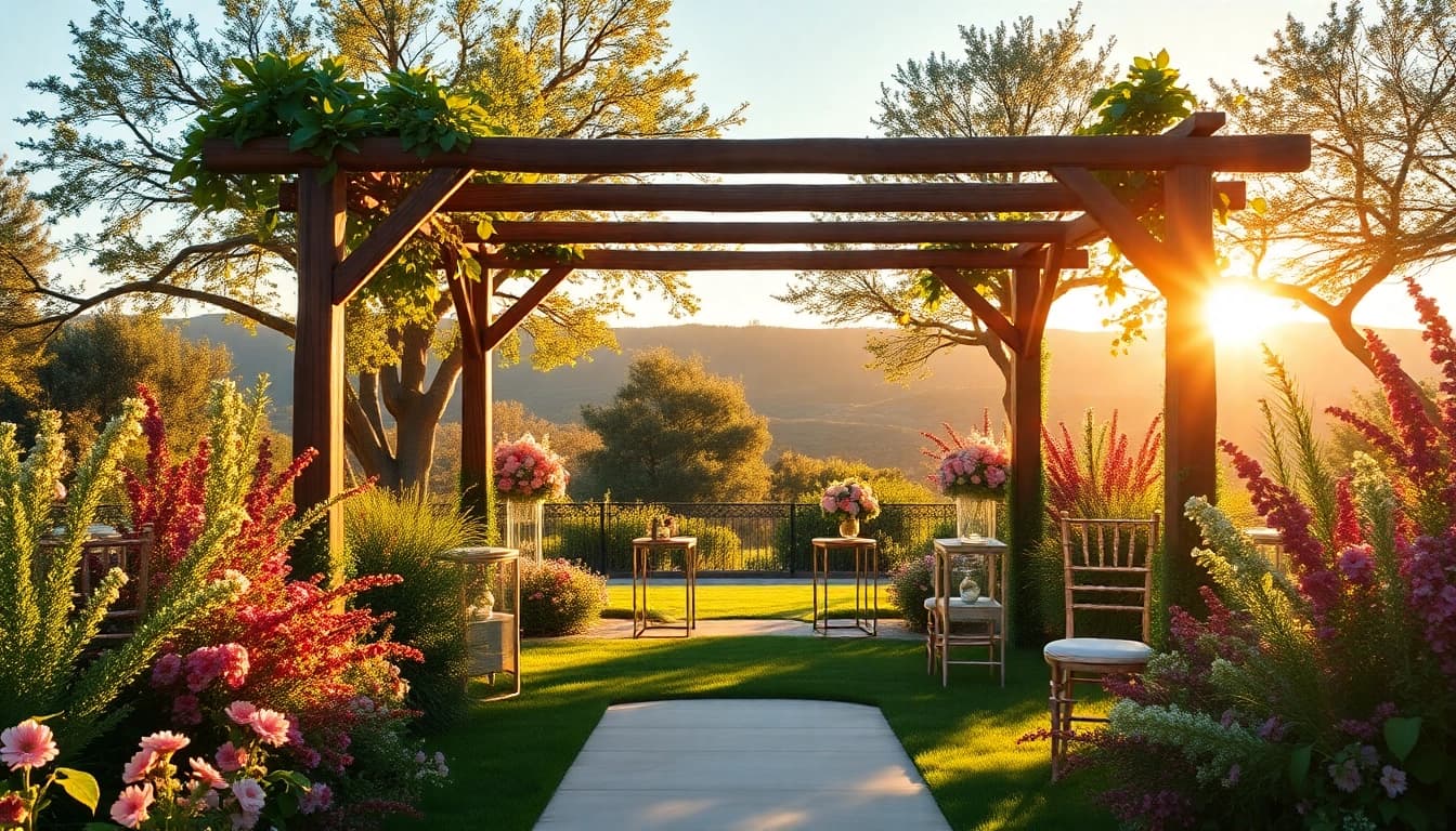 Beautiful outdoor wedding venue California with floral decorations and natural scenery.