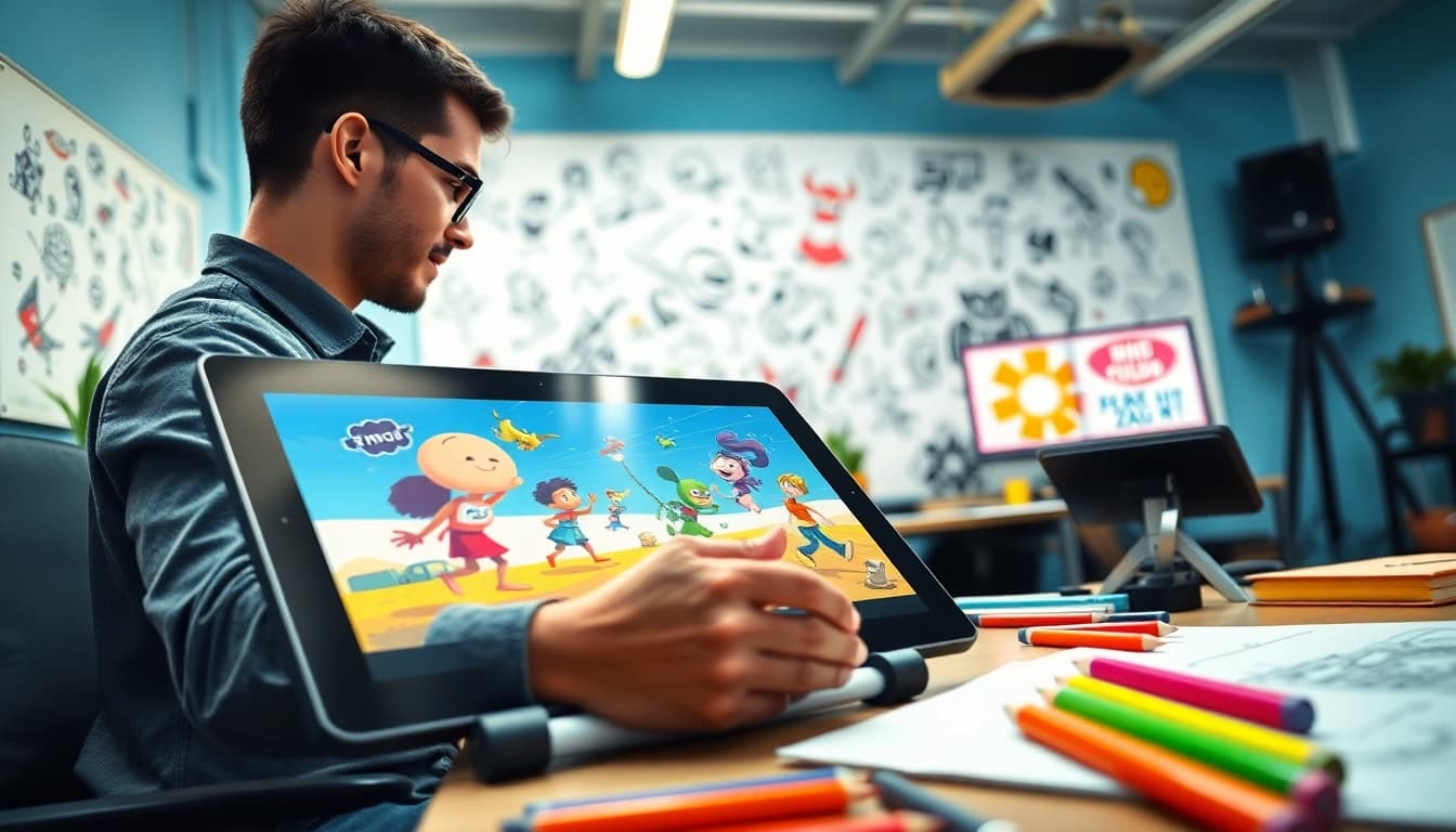 2D Animation professionals collaborating in a vibrant studio filled with creative tools.