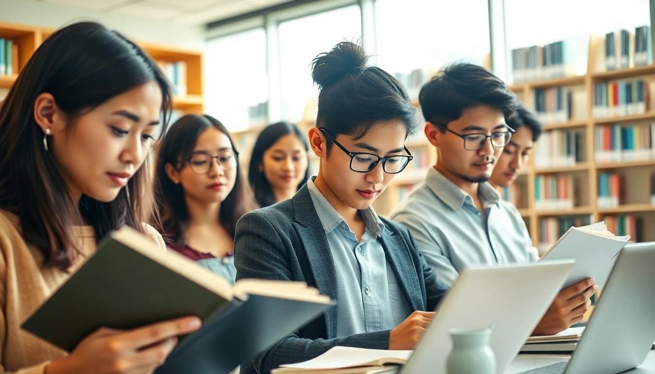 Engaged TOEIC test takers for hire studying in a modern environment.