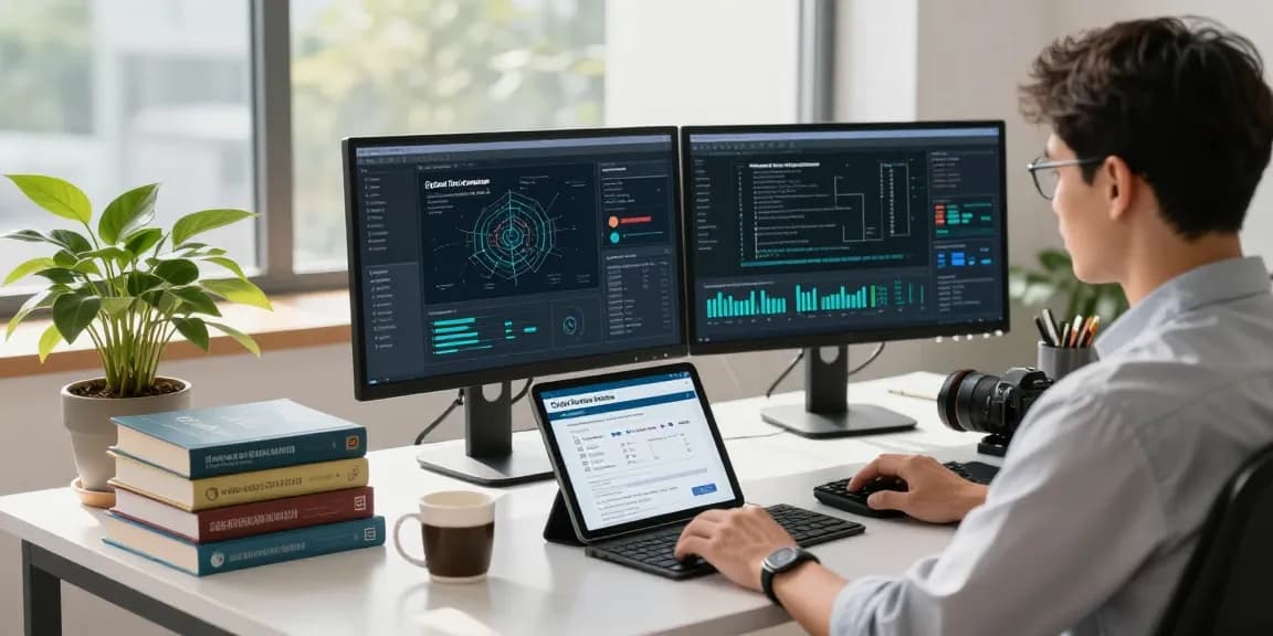 Cyber Essentials cost analysis in a modern cybersecurity workspace showcasing compliance tools and analytics.