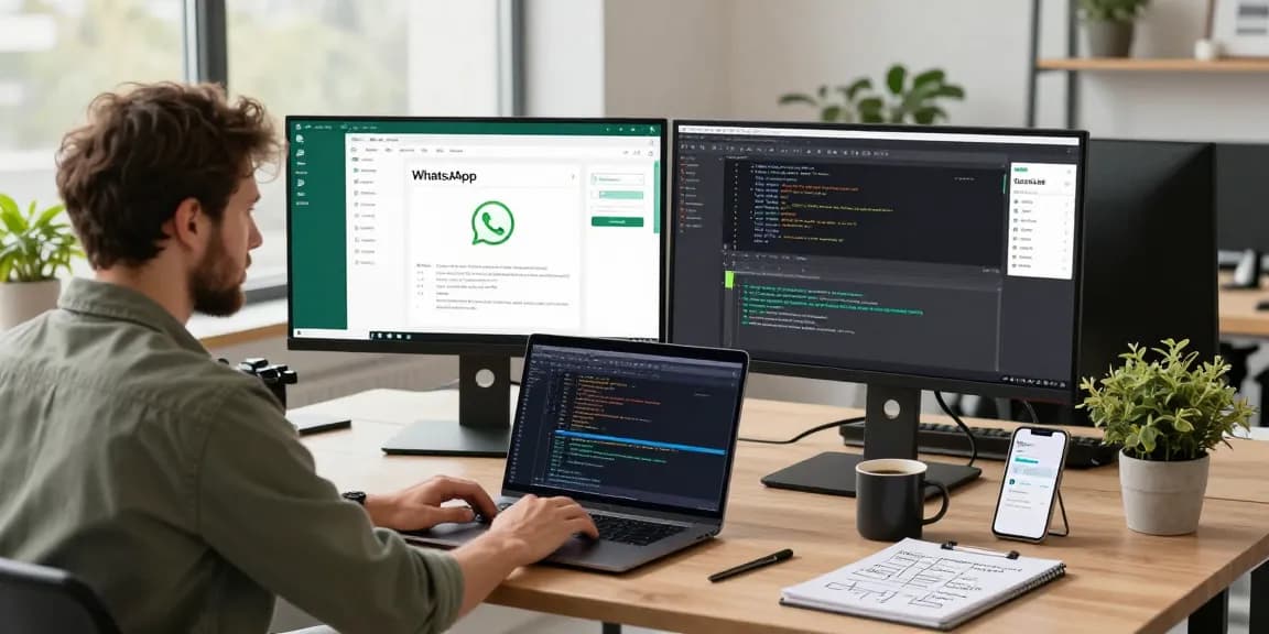 Developer coding WhatsApp電腦版 on dual monitors in a modern workspace
