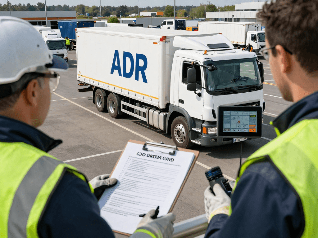 ADR Transport Dortmund: professioneller Fahrer koordiniert Gefahrguttransport in modernem Logistikzentrum.