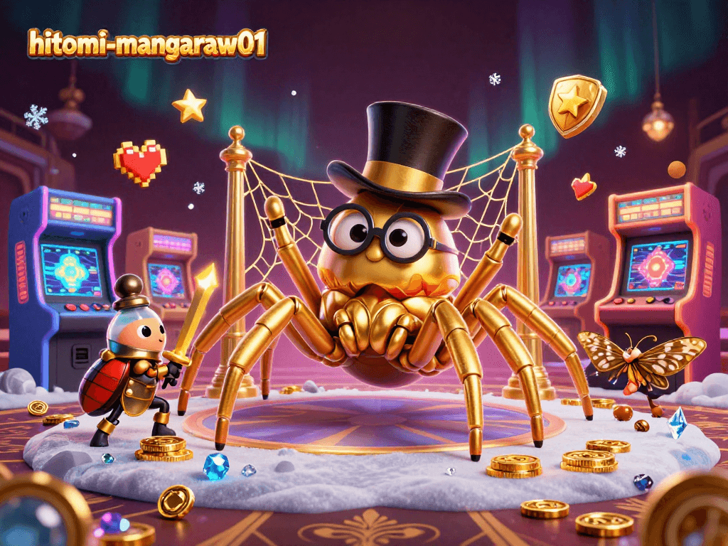 Engage with the colorful world of hitomi-mangaraw01 where a golden tarantula rules casino pillars amidst gaming excitement.