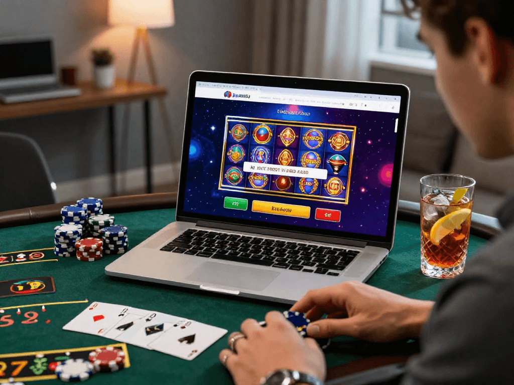 Engaging online gaming setup showing casinos that accept credit cards with vibrant game displays and a focused player in a modern home.