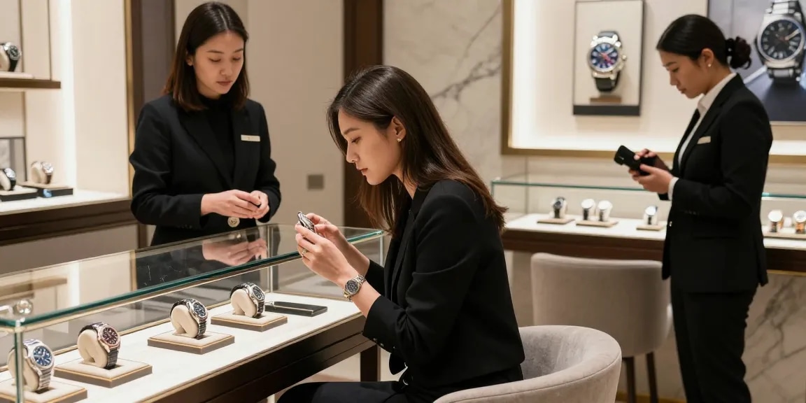 Customer examining a premium replica watch in a luxury boutique setting