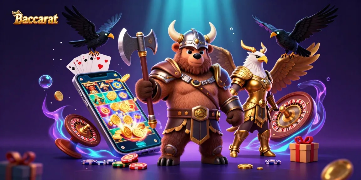 Baccarat game scene with Viking bear and Valkyrie, featuring thrilling casino elements.