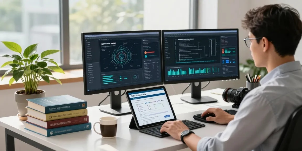 Cyber Essentials cost analysis in a modern cybersecurity workspace showcasing compliance tools and analytics.