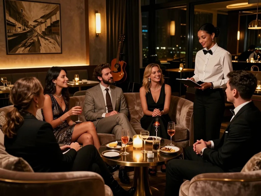 Enjoying luxury entertainment at 강남쩜오, with plush seating, ambient lighting, and stylish guests.
