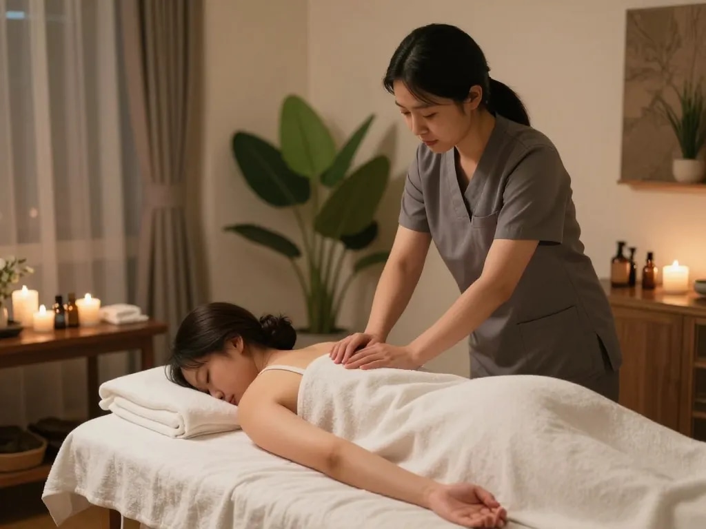 Relaxing 인천 출장마사지 experience in a cozy hotel room with soothing ambiance.