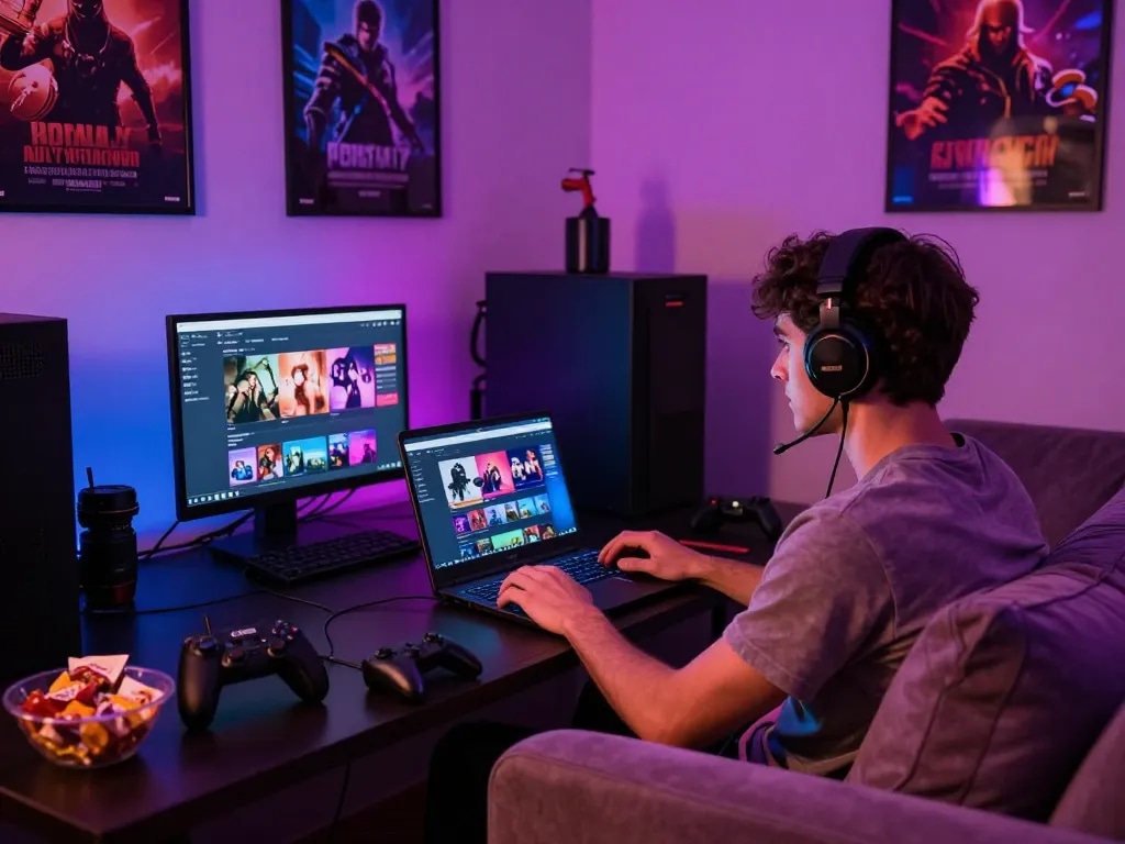 Player enjoying immersive porn games html in stylish gaming den with comfortable decor.