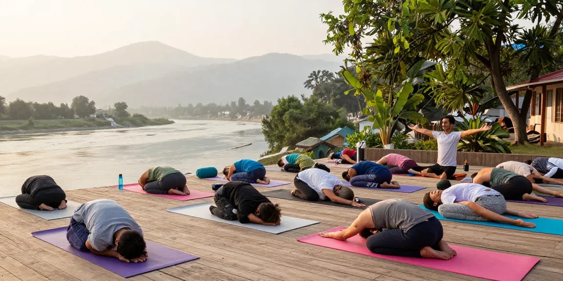 Practicing yoga during Best Yoga teacher training course in rishikesh at sunrise by the Ganges with students and nature