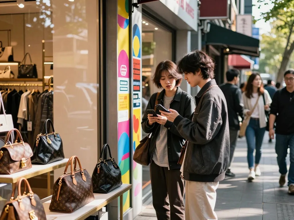Fashion-conscious shopper exploring 레플리카 luxury bags outside a trendy boutique in an urban setting.