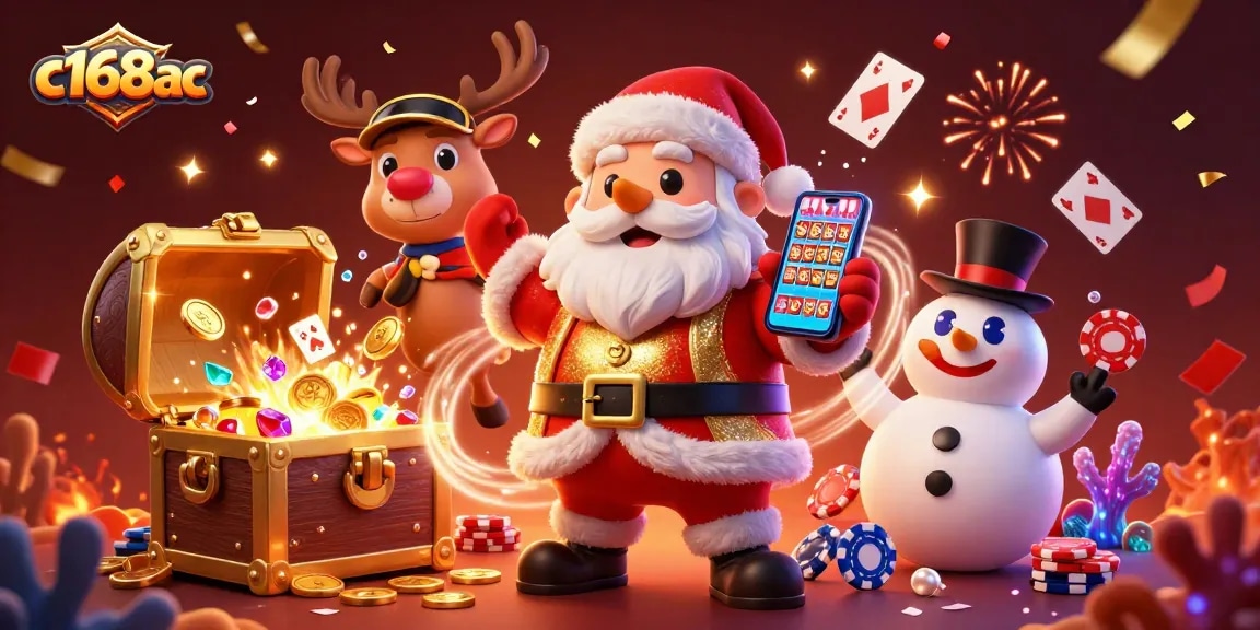 Experience thrilling jackpot spins and festive fun at c168ac with Santa and friends in a vibrant casino scene.