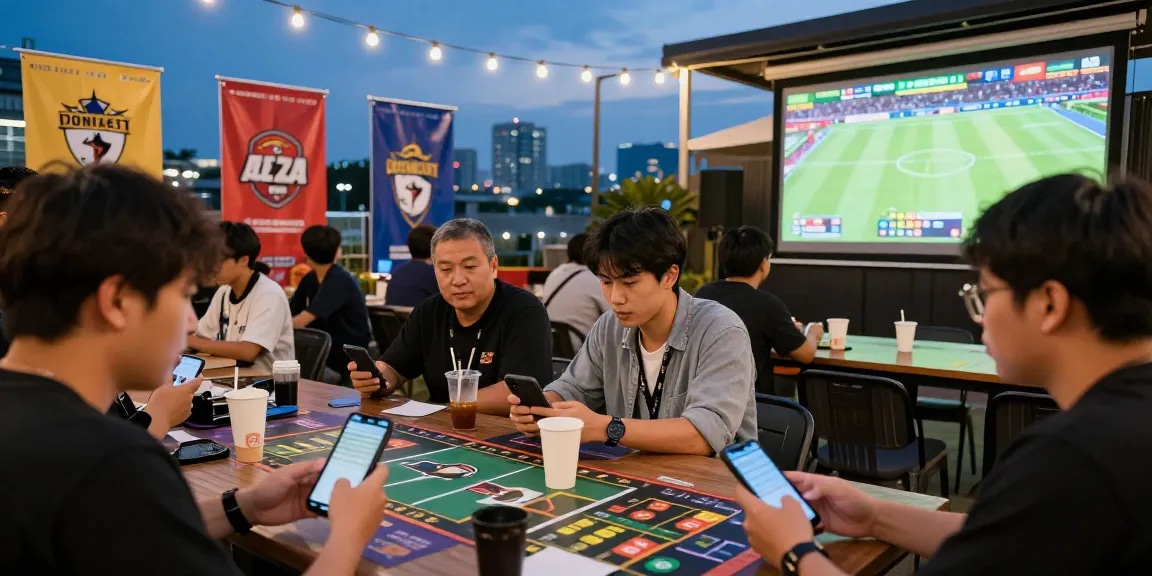 Social gathering discussing 토토사이트 with mobiles and screens displaying odds.