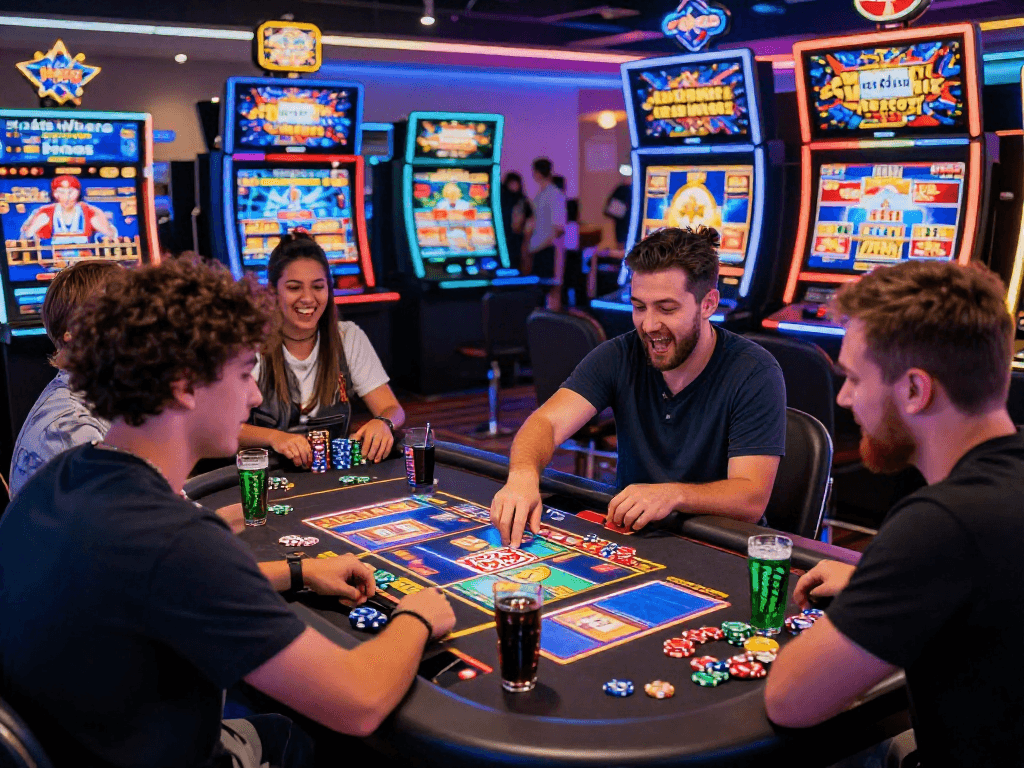 Exciting scene of players engaging at online casino slots where you can buy bonus, showcasing thrill and anticipation in vibrant atmosphere.