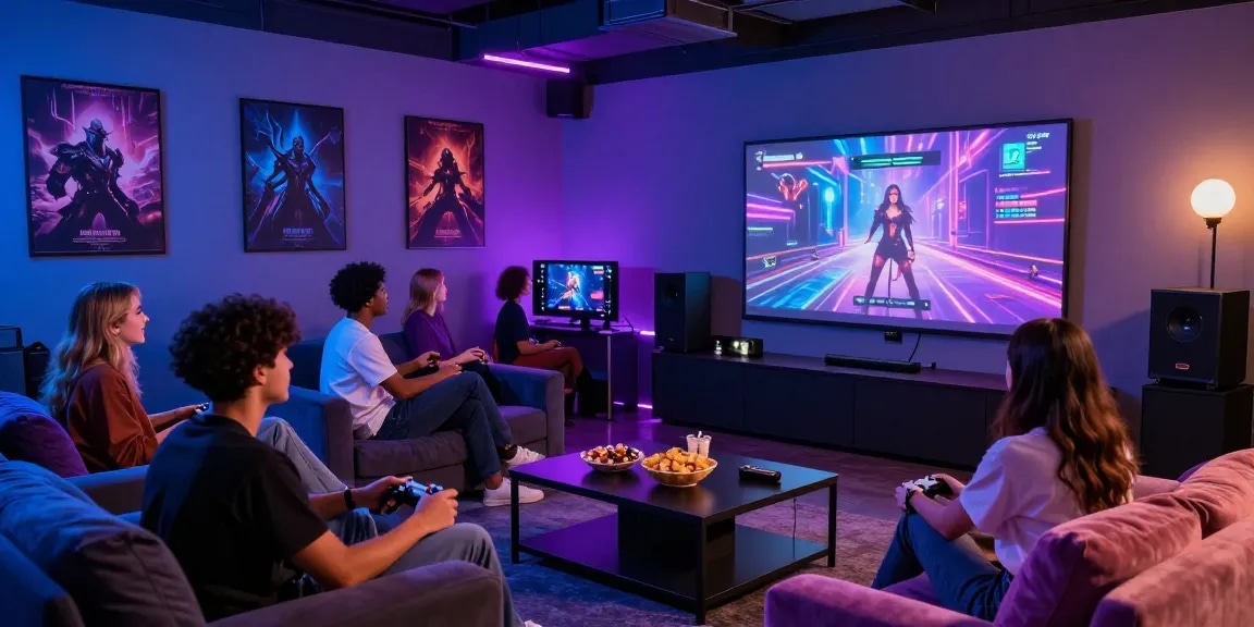 Engaging group playing a sex game in a vibrant gaming lounge