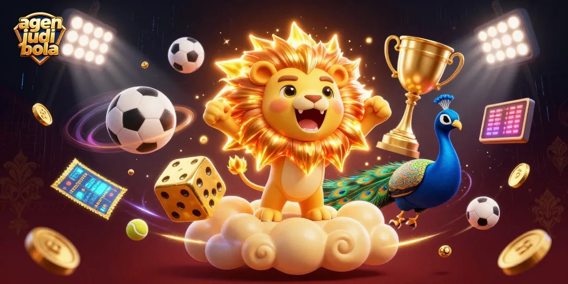 Engage in agen judi bola with dynamic, colorful sports elements and a roaring lion illustration.