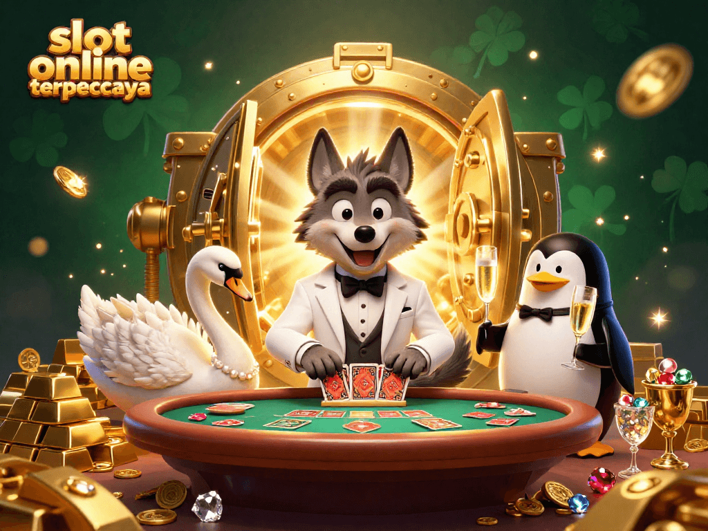 Experience the excitement of slot online terpercaya with a vibrant casino scene featuring engaging characters and luxury.