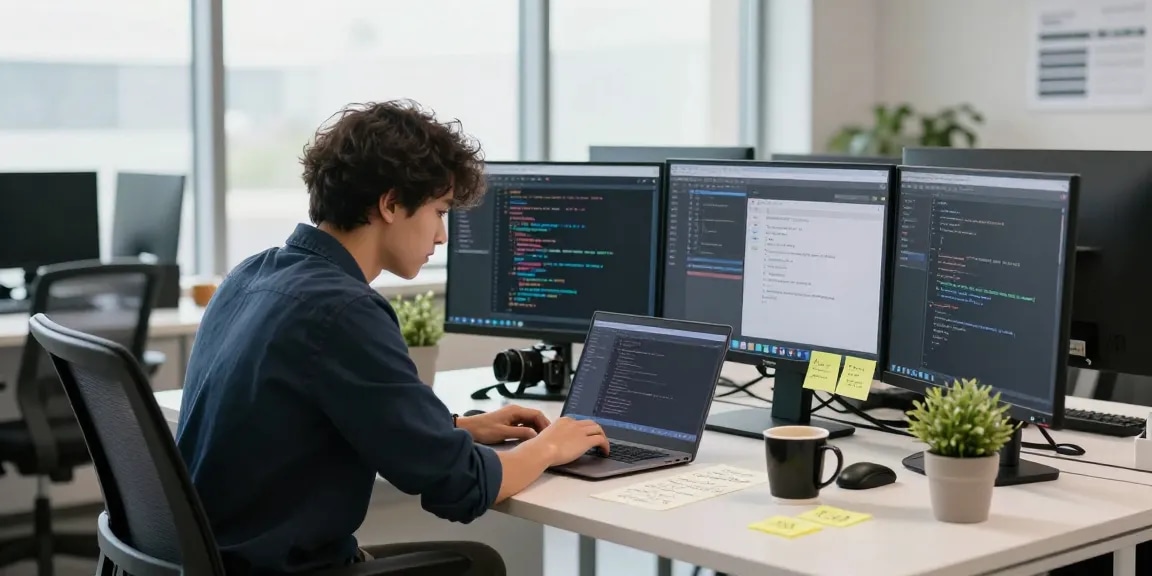 Developer coding a messaging app in a modern office, showcasing telegram中文 interface design.