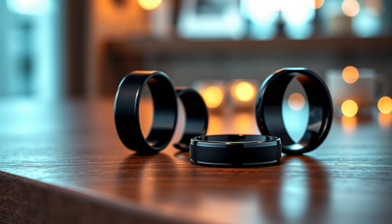 Showcasing Black Wedding Rings for Men with modern designs and elegant finishes on a wooden surface.