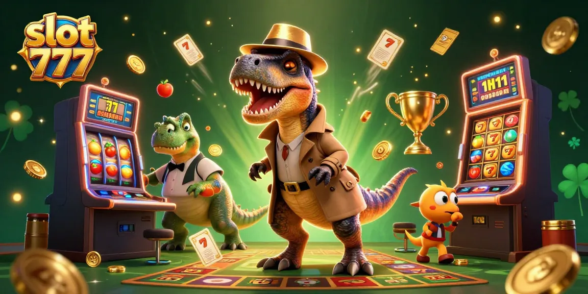 Putar slot 777 dengan velociraptor dan pit boss di meja mesin slot dengan simbol keberuntungan.
