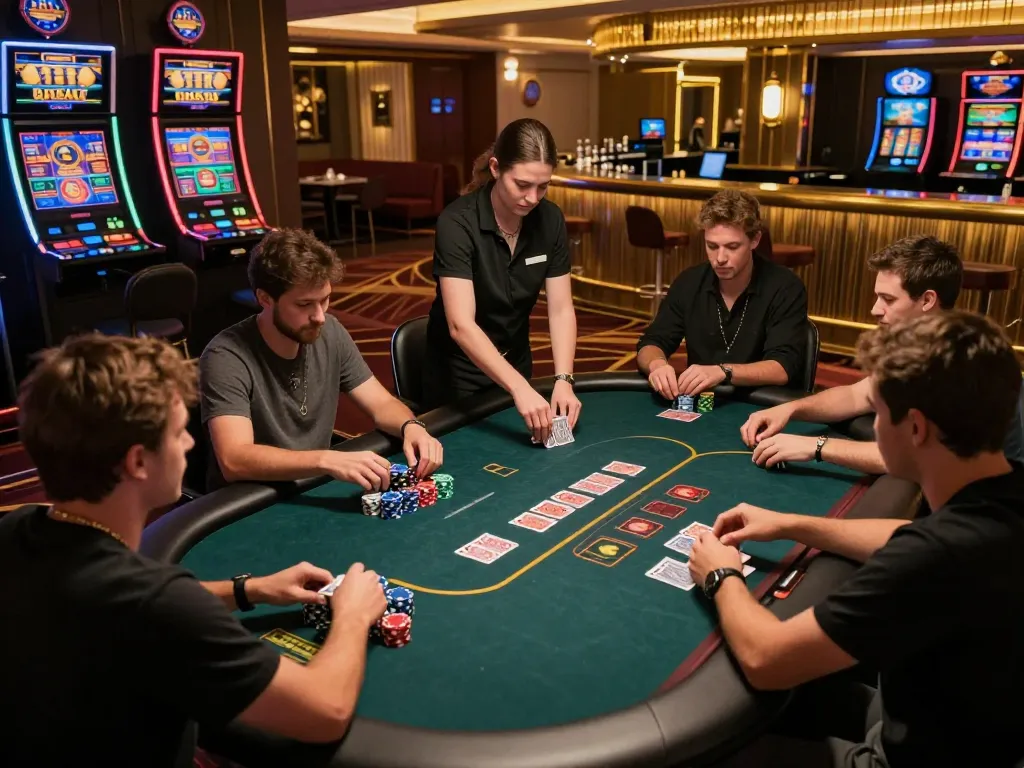Players immersed in a thrilling b52 poker game at a luxurious casino table with colorful chips.