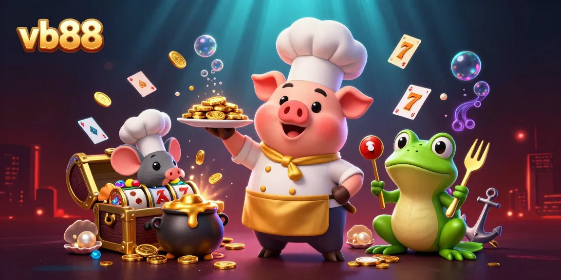 Engage with vb88's slots through a vibrant 3D illustration showcasing culinary delights and treasures.