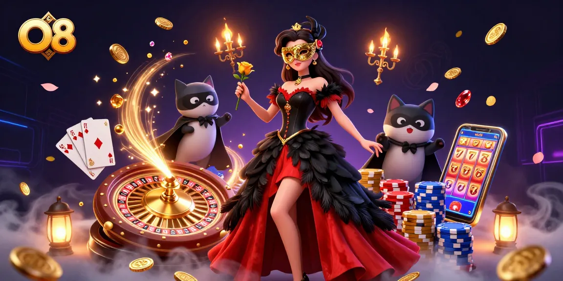 Experience thrilling online gaming with O8's captivating 3D visual of a casino scene filled with dazzling elements.