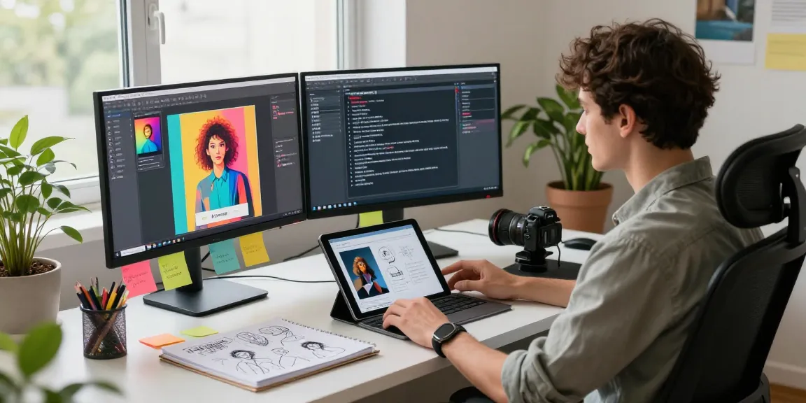 Designer using an ai prompt image generator in a modern workspace, showcasing vibrant AI-generated graphics.