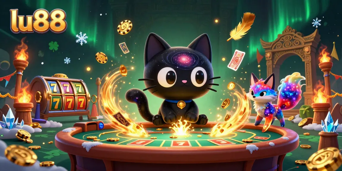 lu88's cosmic casino adventure with a black hole cat pulling in golden chips and cards, surrounded by vibrant game elements.