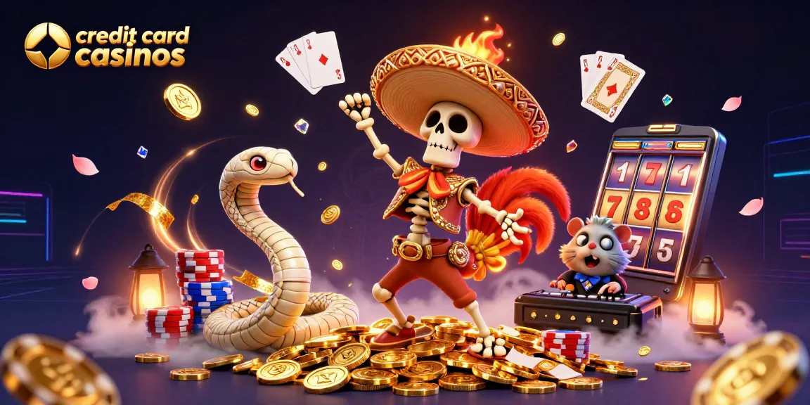 Celebrate winning at credit card casinos with a vibrant 3D illustration of festive gaming characters.