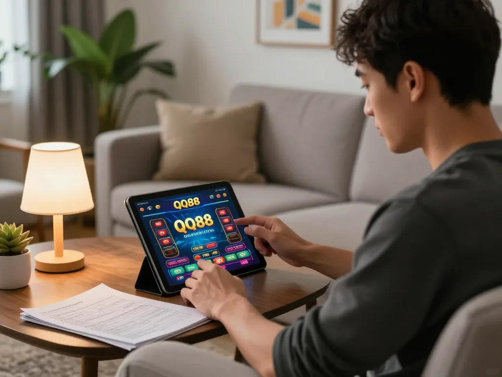 Engaging with QQ88 online casino on a tablet while tracking bankroll in a cozy living room.