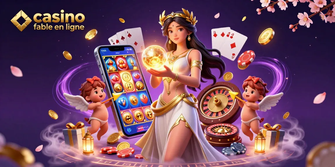 L'illustration 3D met en avant un casino fiable en ligne avec une déesse et des Cupidons parmi les symboles de casino, augmentant l'excitation du jeu.